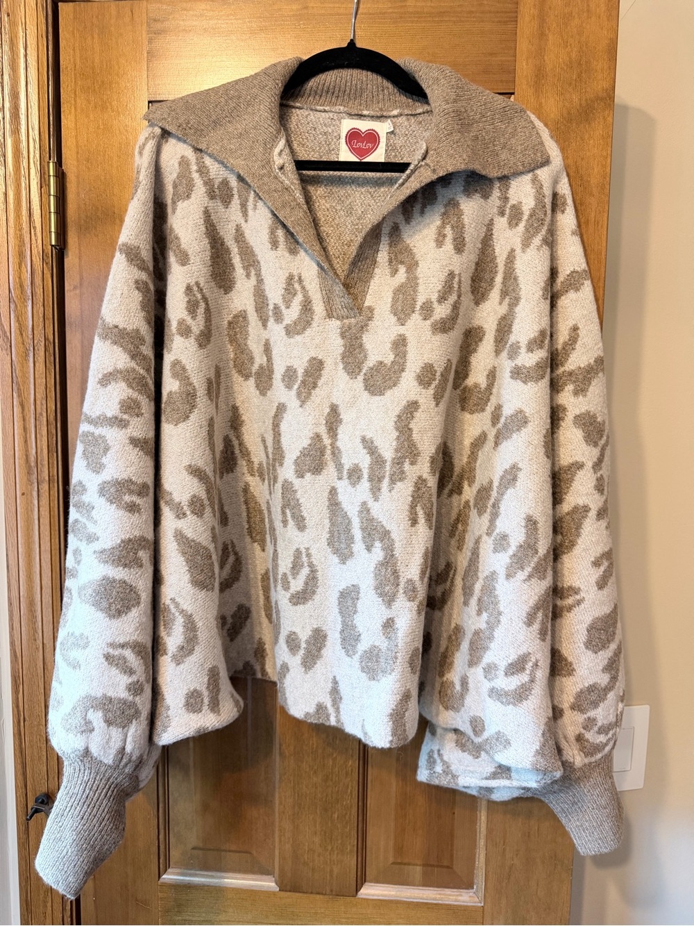 LovLov Ivory and Taupe Leopard V-Neck Collared Sweater